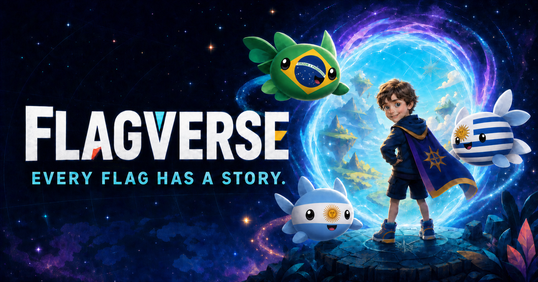 Brayan, el Primer Flagonaut, frente al portal de FlagVerse con los Flaglings de Brasil, Argentina y Uruguay.