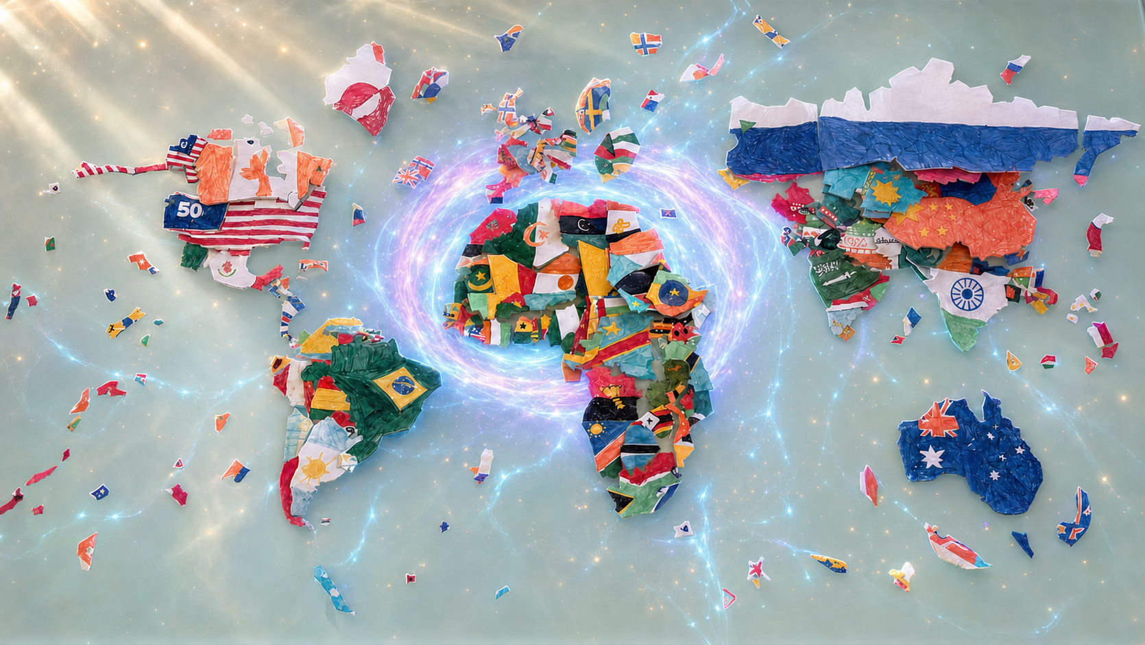 El mapamundi artesanal de Brayan iluminándose mientras se abre el primer portal de FlagVerse.